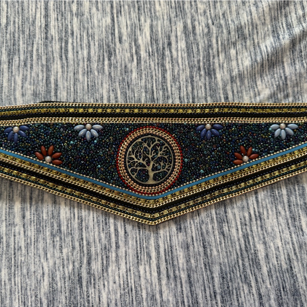Embellished Beaded Waist Belt in Navy and Gold